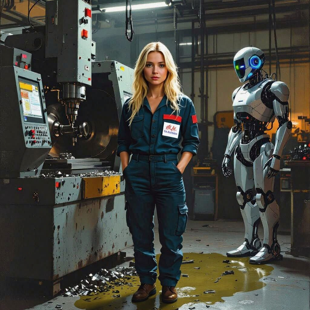 Lost Woman Watched By Robot Next to CNC Lathe