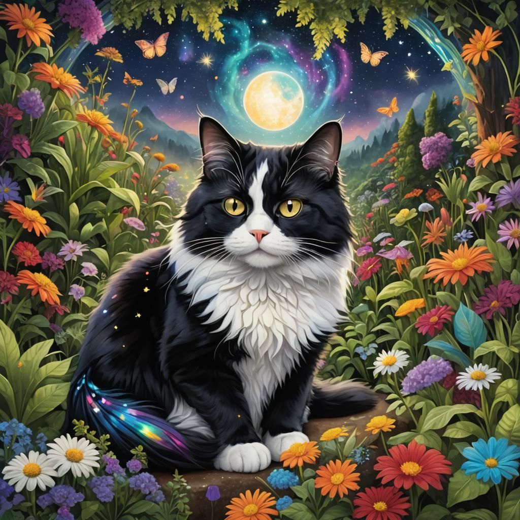 Mystical Tuxedo Cat in Pablo Amaringo Style