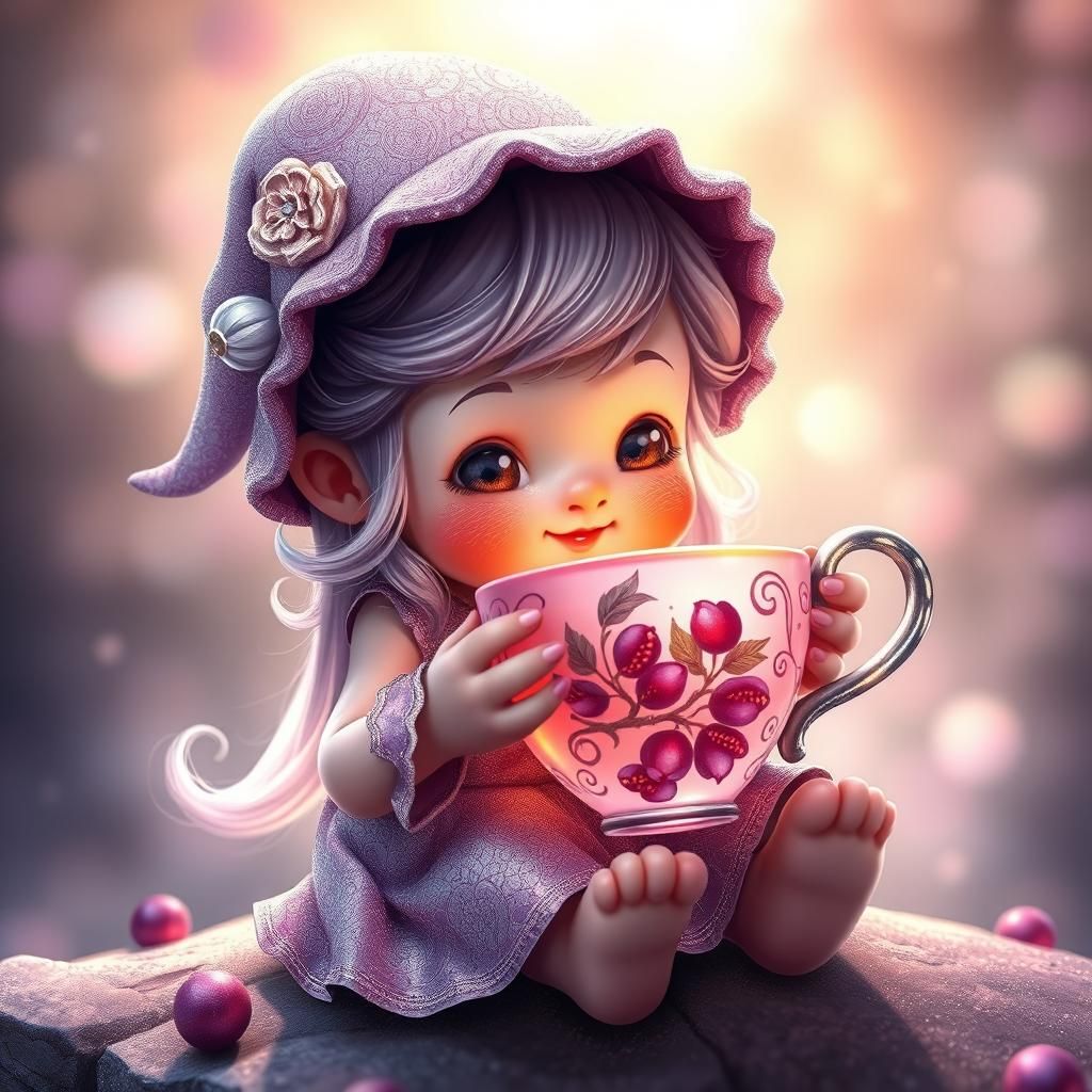 Gnome Child with Teacup in Candy Art Style