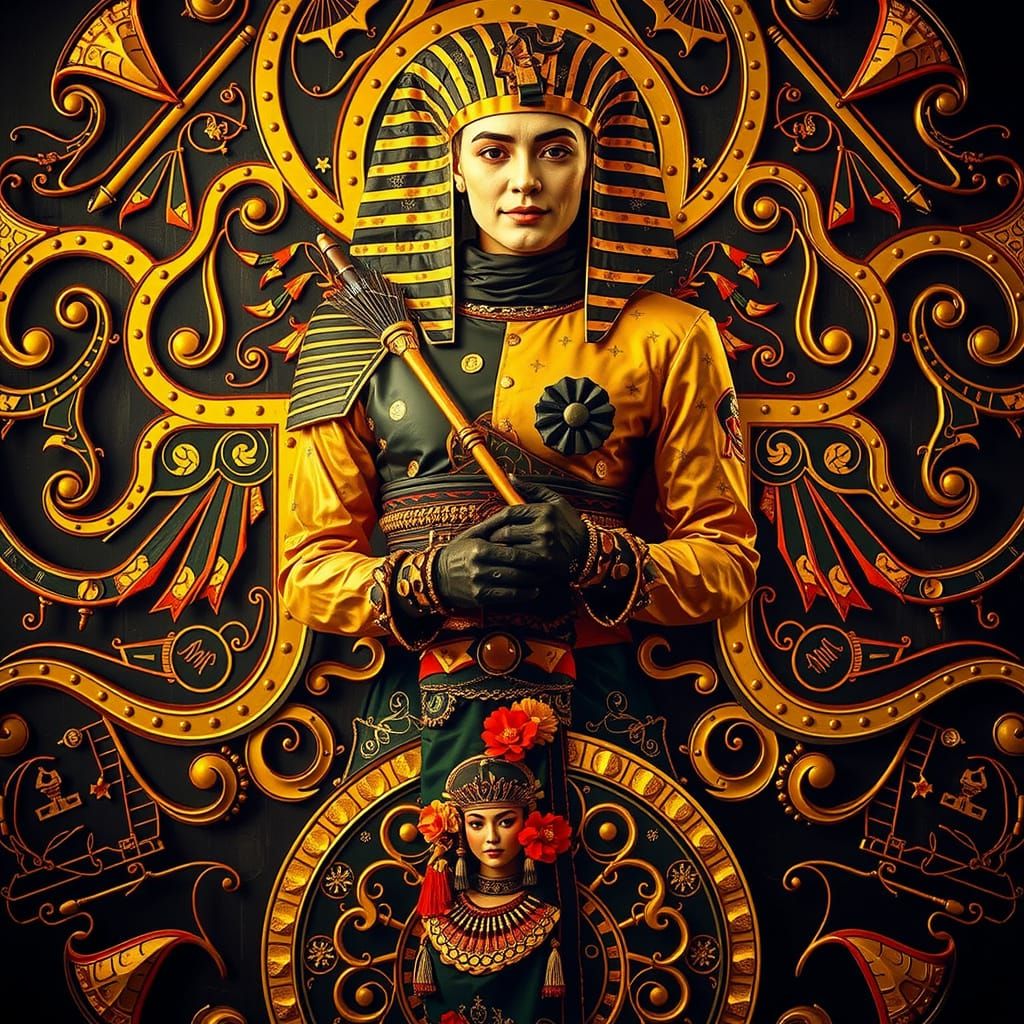 Harlequin, Geisha, and Tutankhamun in Photorealistic Full Bo...