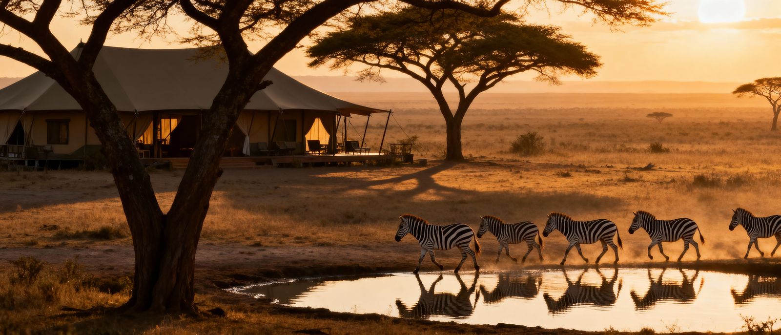 African Safari Camp at Sunset with Zebras