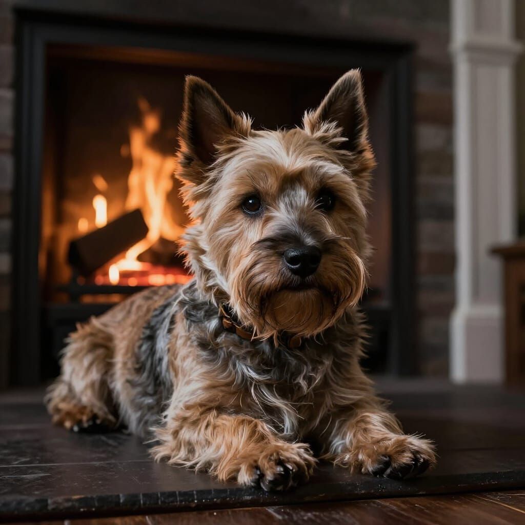 Hyperrealistic Cairn Terrier by Fireplace in Moody Light