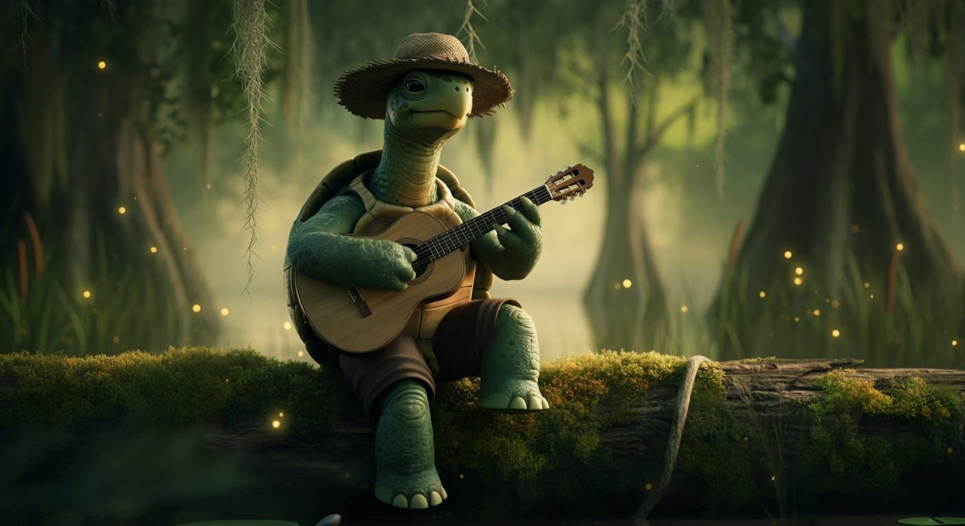 Anime Turtle Musician in a Ghibli Swamp