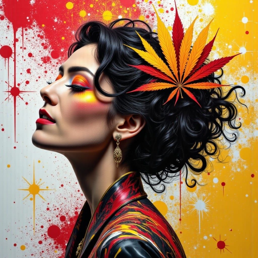 Expressive Portrait with Abstract Cannabis Leaf Hair