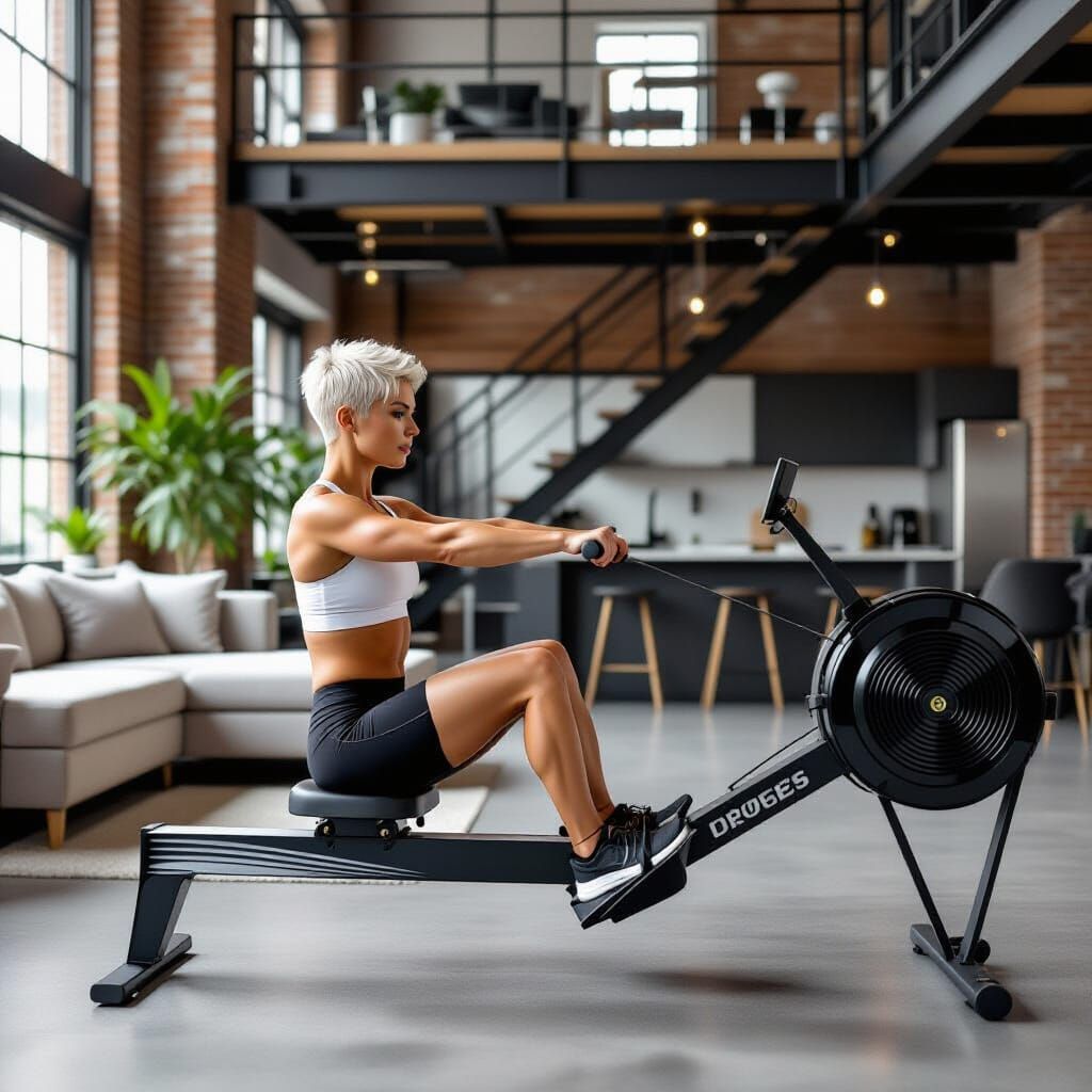 Fit Woman's Intense Rowing Workout in Modern Loft