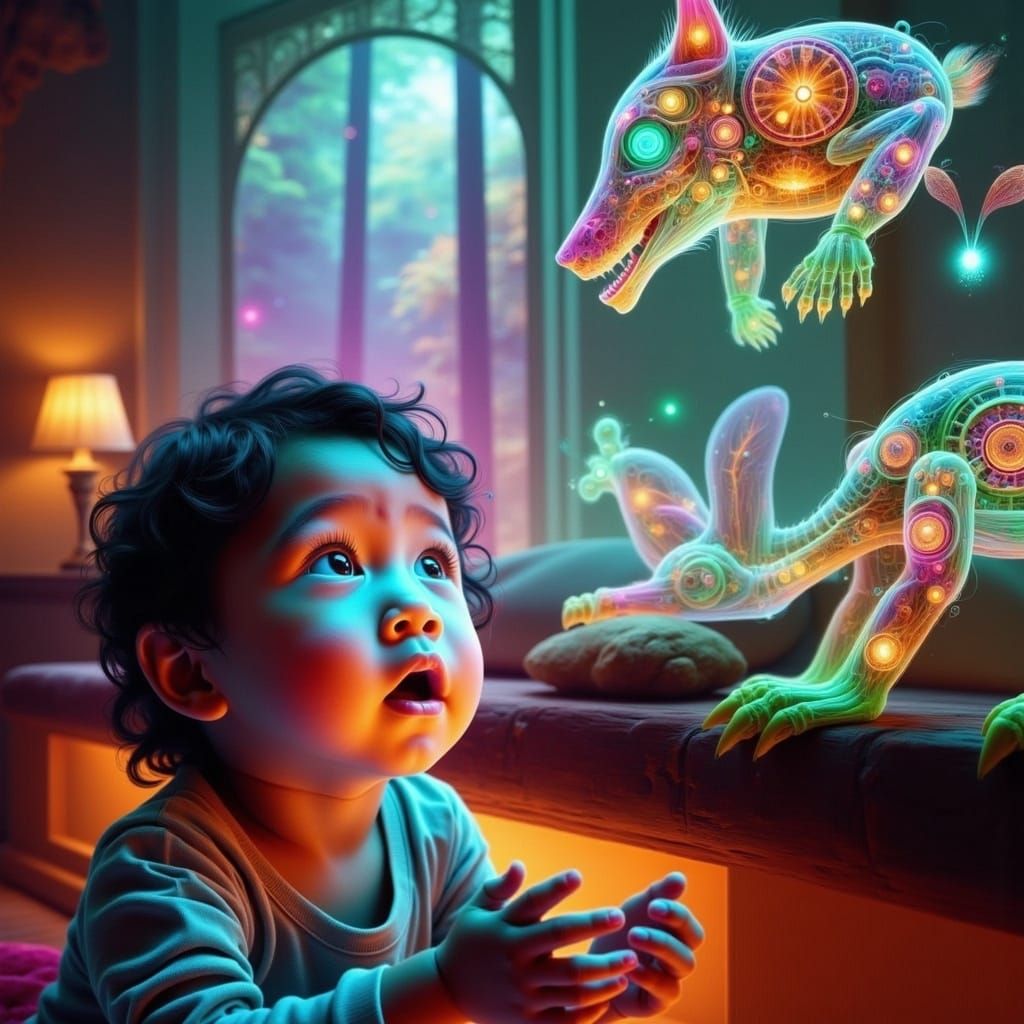 Toddler Enchanted by Holographic Little Red Riding Hood Scen...