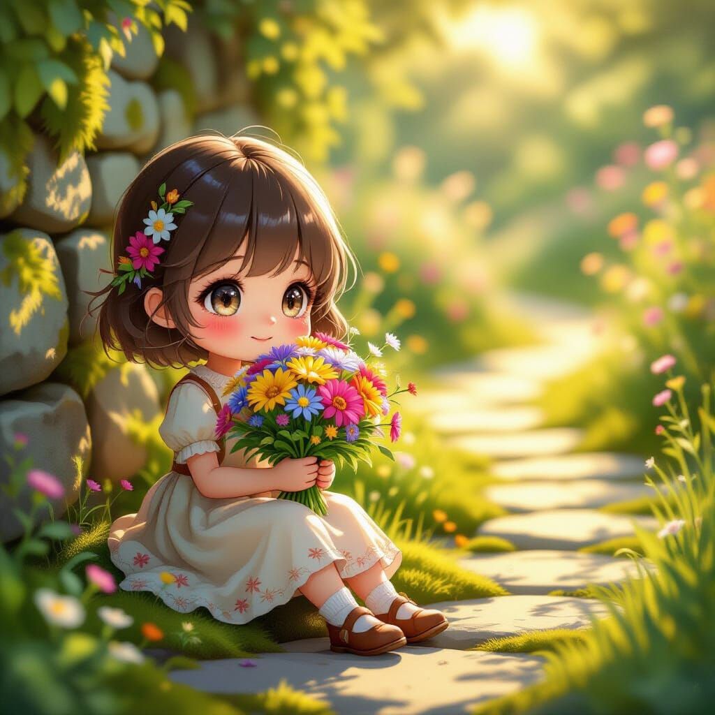 Tiny Chibi Girl Holding Wildflowers in Golden Hour