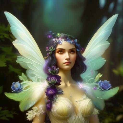 Opalescent Flower Fairy Elf Portrait in Hyperdetailed Digita...