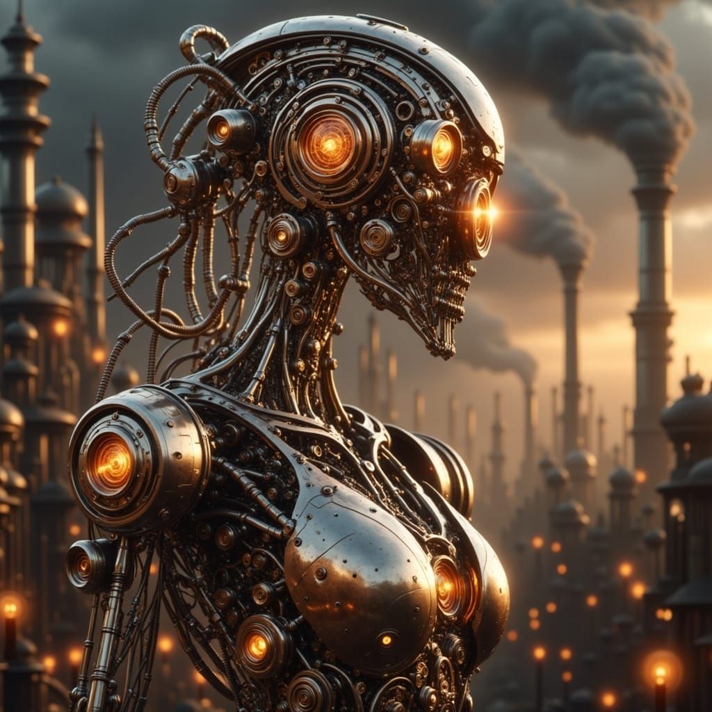 Steampunk Cyborg with Brass Gears in Industrial Cityscape