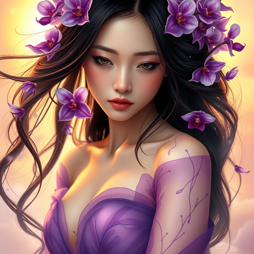 Ethereal Portrait: Korean Woman Adorned with Purple Orchids