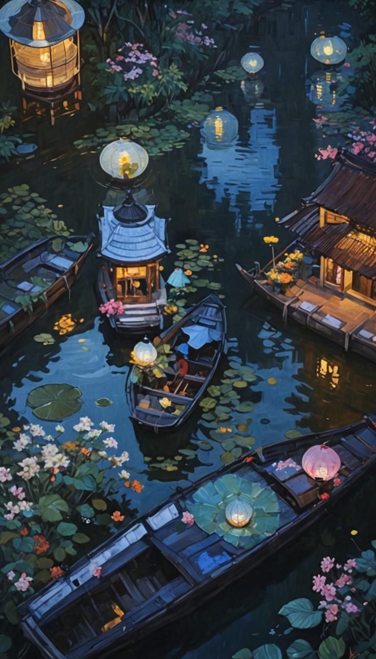 Lanterns Illuminate Vietnamese Village in Ukiyo-e Style