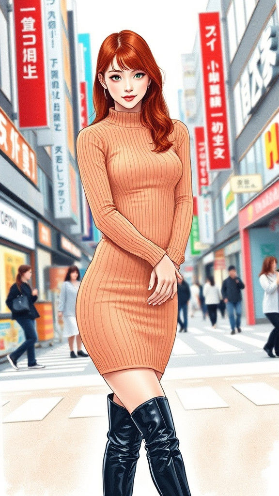 Japanese Woman in Shibuya: Color Pencil Fashion Sketch