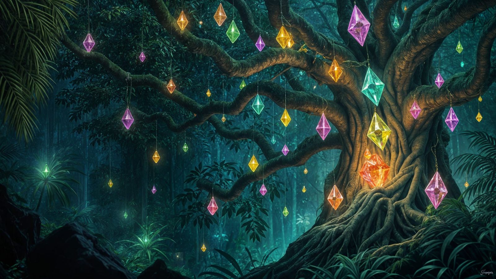 Glowing Gemstones in a Vibrant Jungle Oil Painting