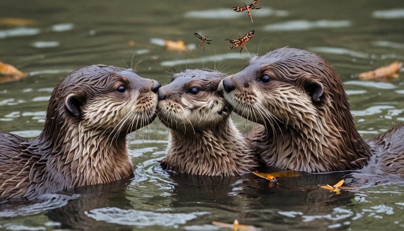 Otters Kissing in River Scene