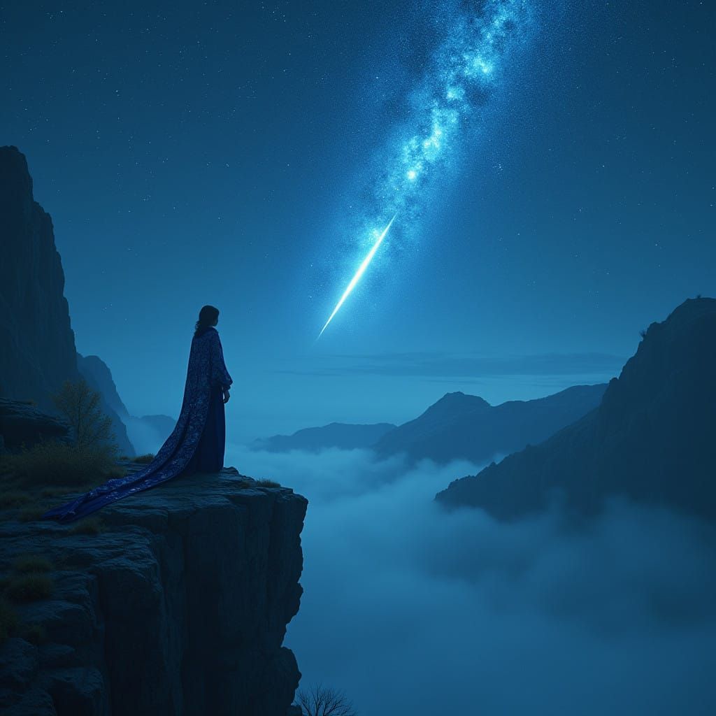 Surreal Figure Under Midnight Sky with Shooting Star