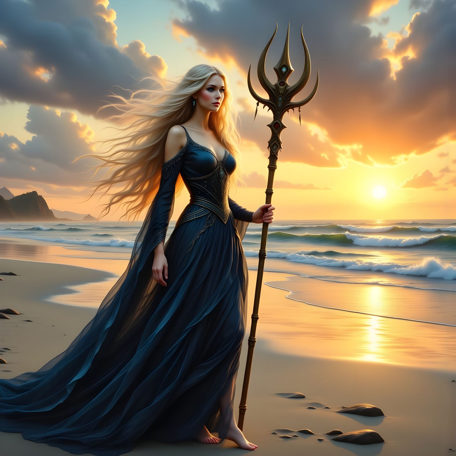 Norse Goddess on a Foggy Beach at Sunset