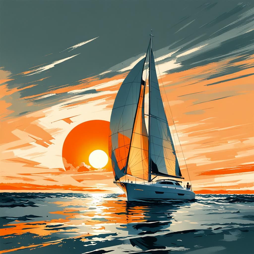 Ethereal Silver Yacht Sails through Vibrant Sunset in Modern...