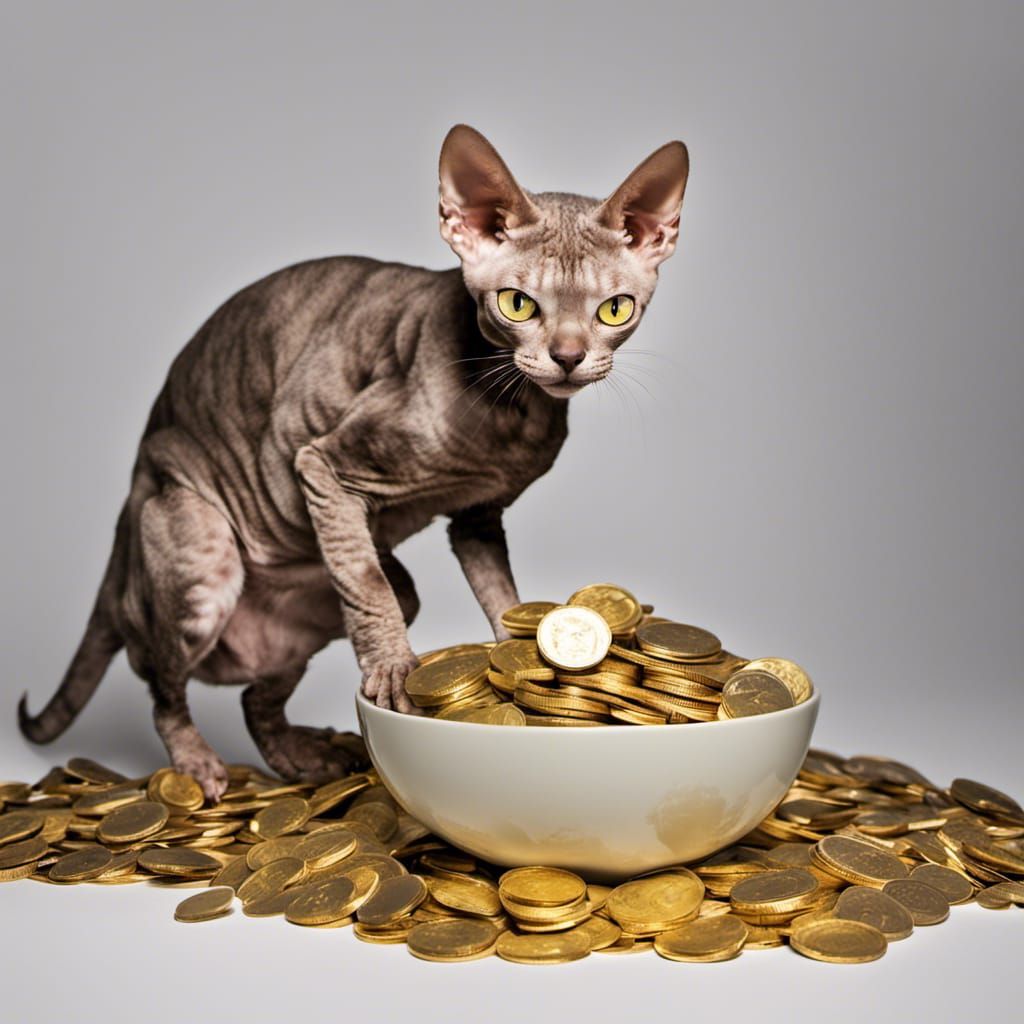 Hissing Devon Rex Guarding Spilled Gold Coins