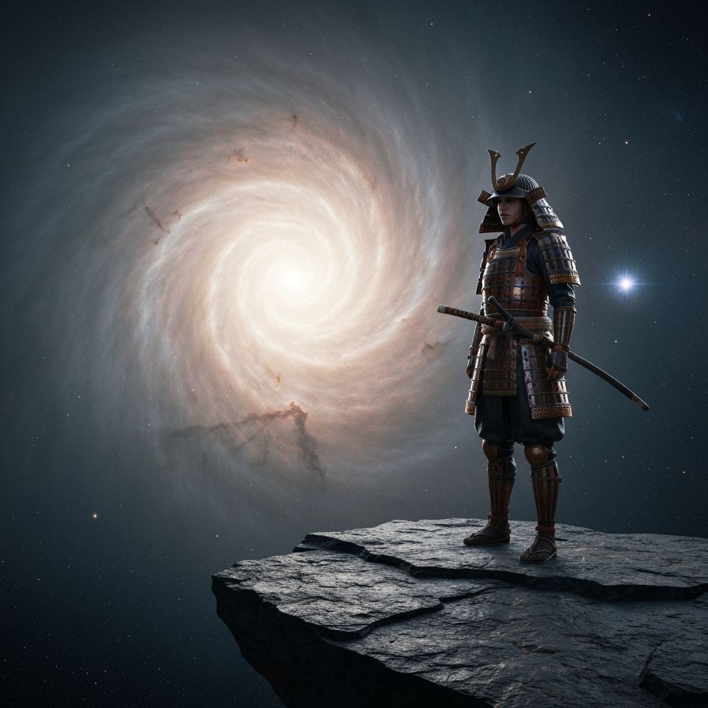 Lone Samurai Warrior Gazing at Cosmic Nebula