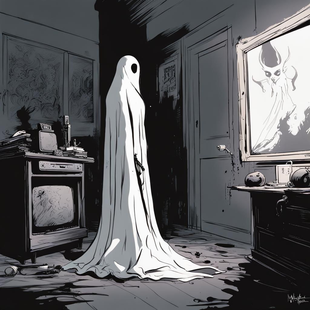 Creepy Female Ghost in Dark School Interior