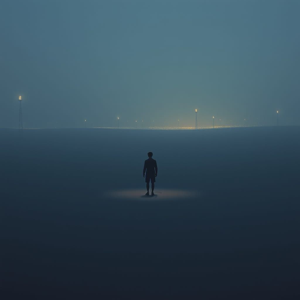 Solitary Figure in Minimalist Landscape with Glowing Signals
