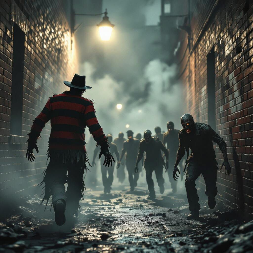 Freddy Krueger Hunts Zombies in Foggy Alleyway Concept Art