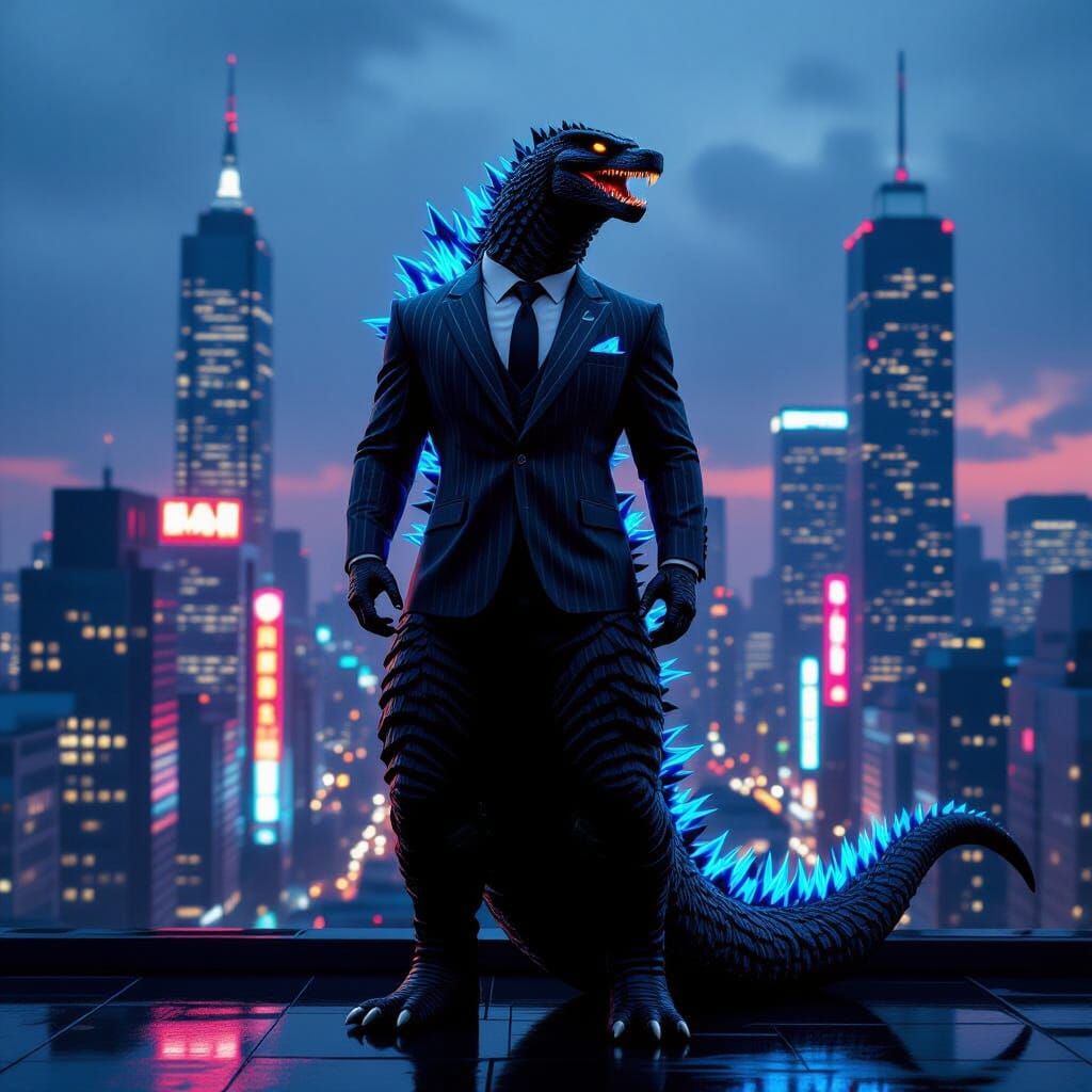 Godzilla in Cyberpunk Cityscape Impasto Painting