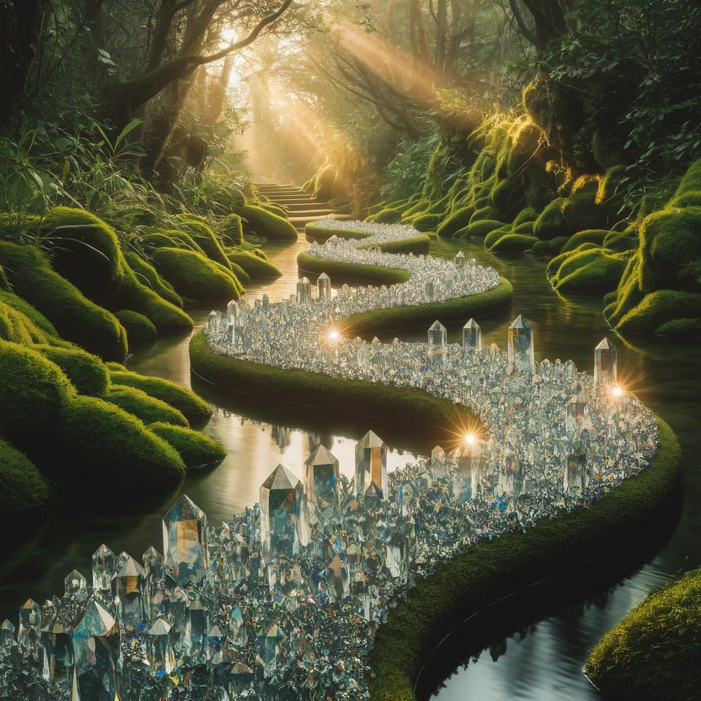 Crystal Pathway in Verdant Forest with Moss Filled Waters