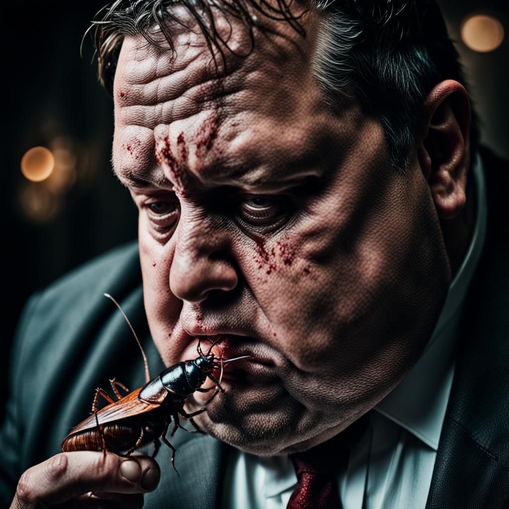 Morbidly Obese Businessman Eating Cockroaches in High Contra...