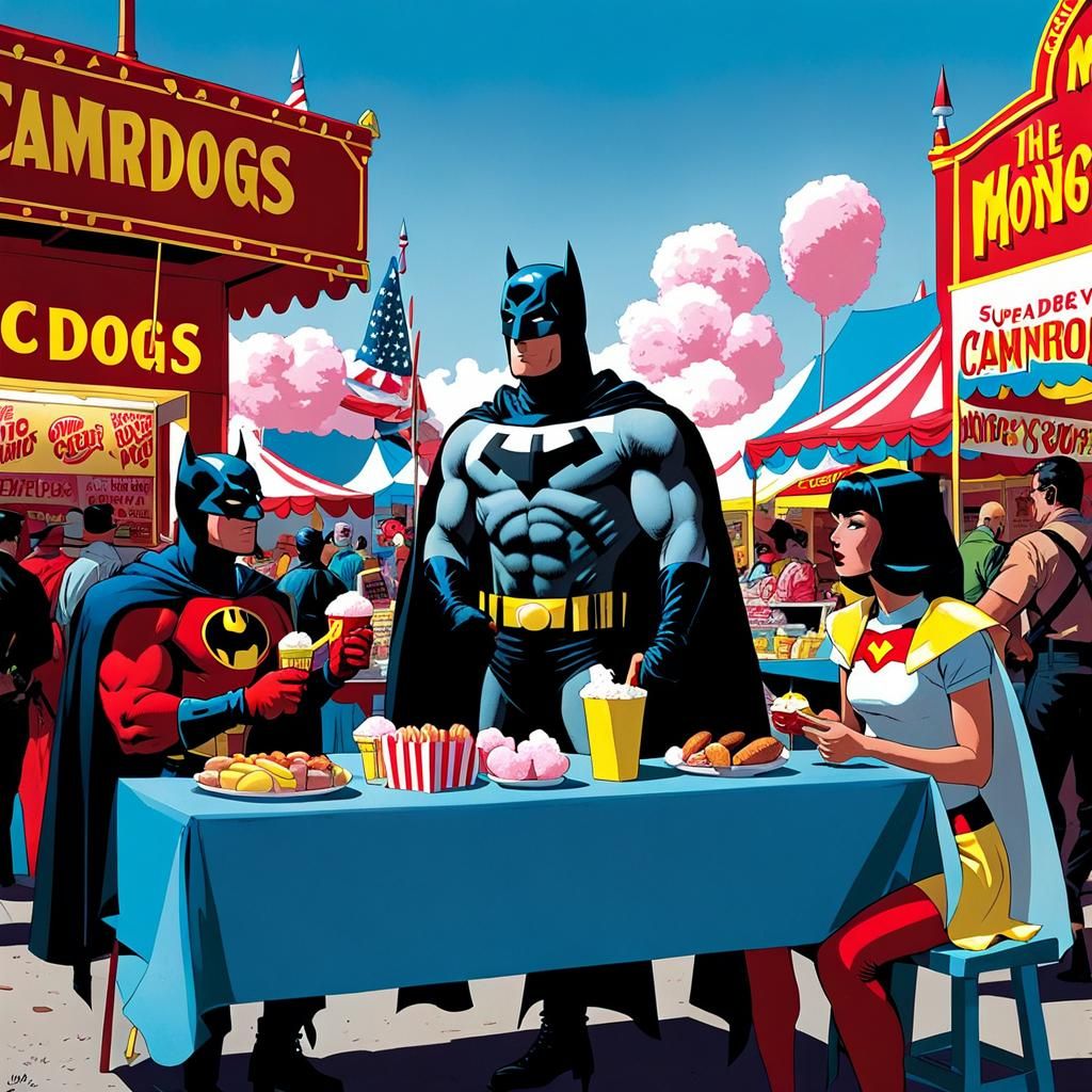 Superheroes Enjoying Fair Food in Graphic Novel Style