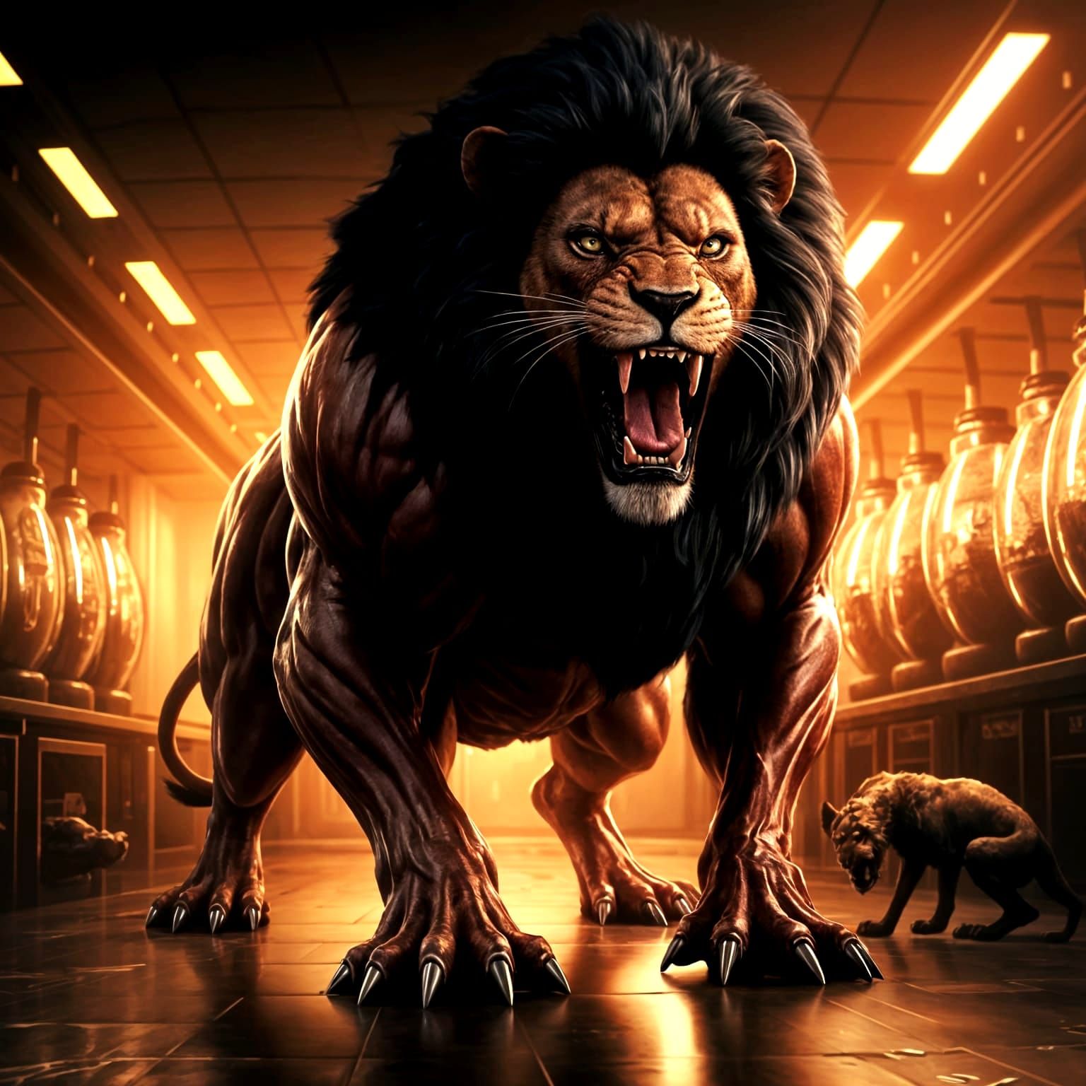 Futuristic Bio-Engineered Lion in Dimly Lit Laboratory