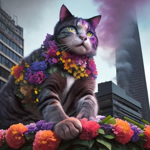 Colorful Smoke Cat Above Building in Abstract Art