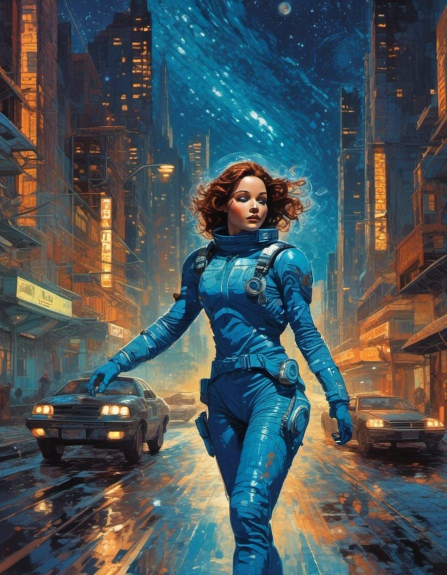 Milky Way Blue Spacewoman strolling through a overgrown aban...