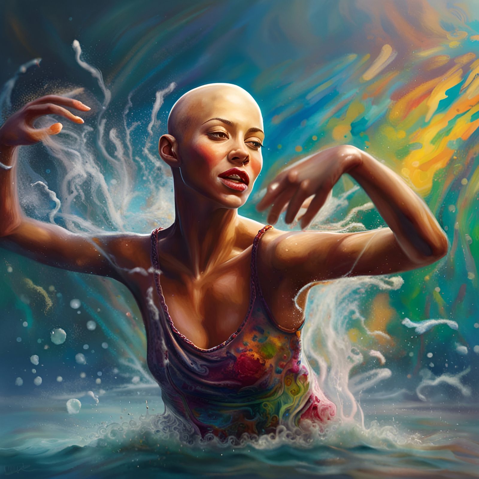 Bald Woman Dancing in Water: Hyperrealistic Splash Art