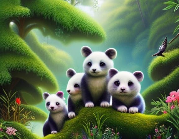 Cute Pandas Frolicking in Lush Bamboo Forest