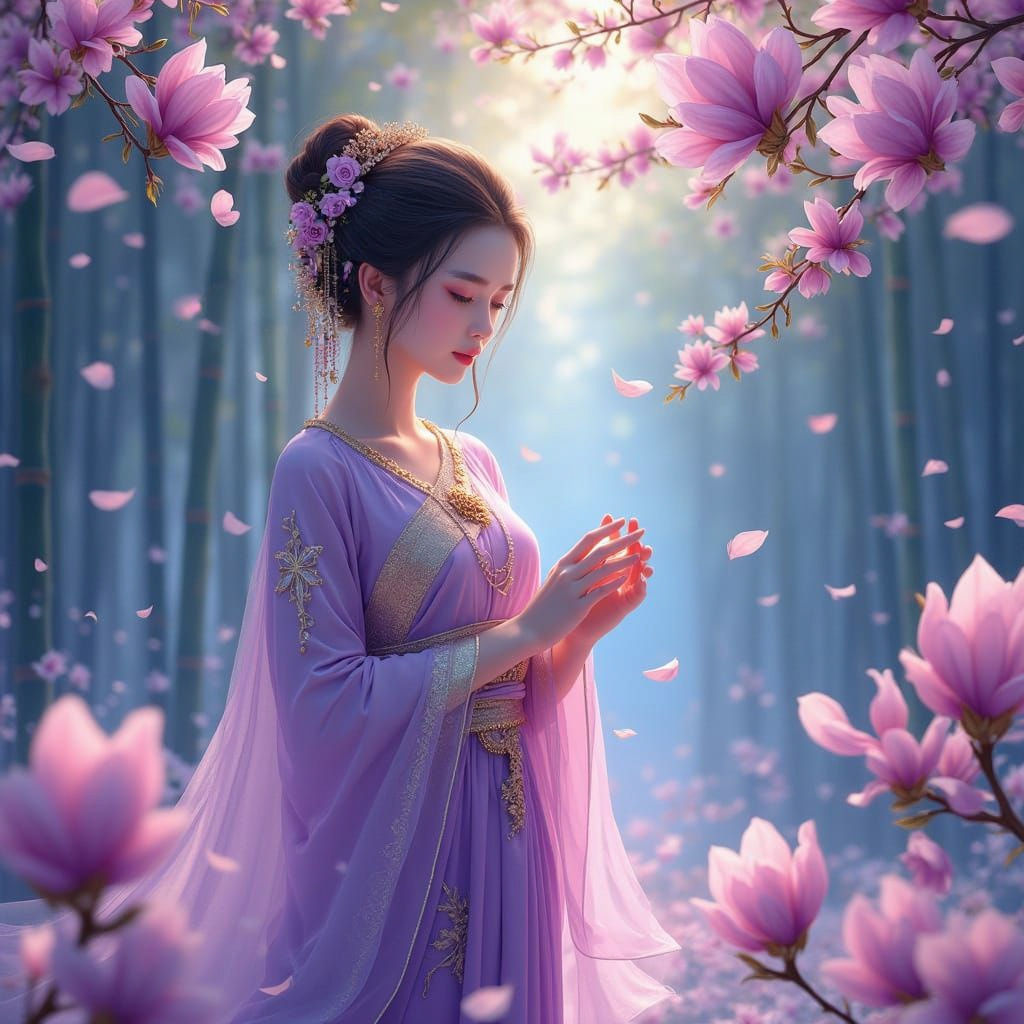 Anime-Style Woman in Ancient Thai Dress Amidst Springtime Bl...