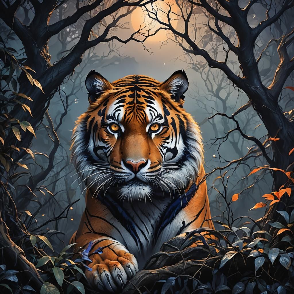 Menacing Tiger Stares from Jungle at Midnight