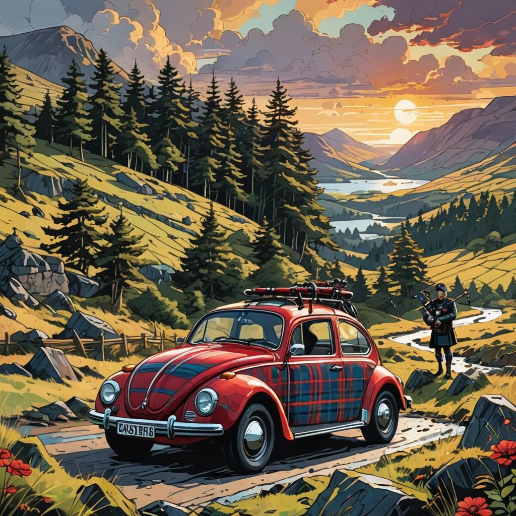Tartan VW Beetle in Scotland: Comic Book Style