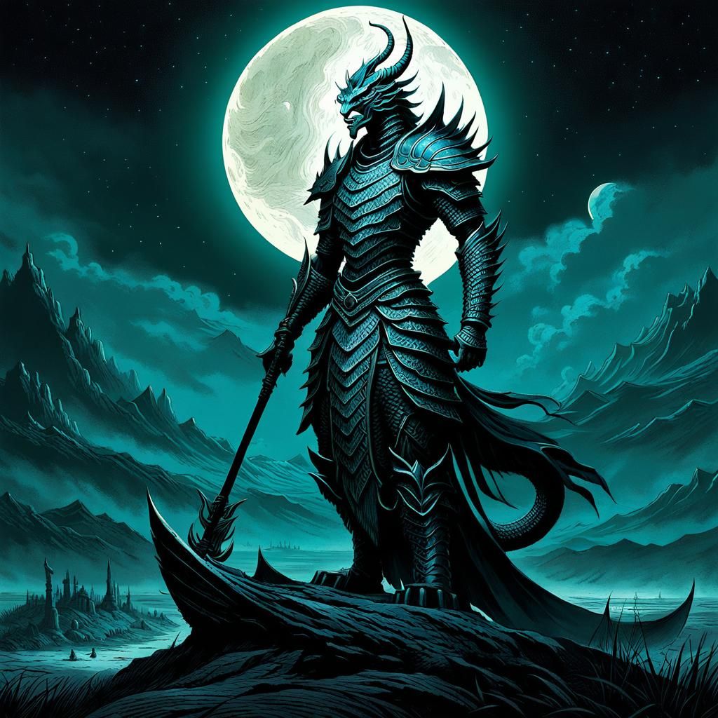 Naga Warrior on Battlefield in Van Gogh Style