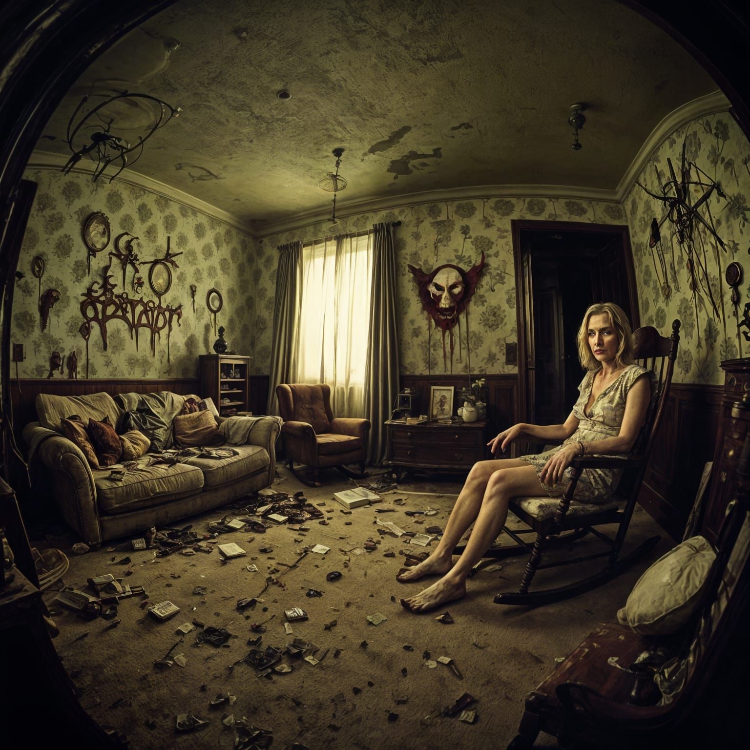 Terrifying Gaze in a Derelict Living Room