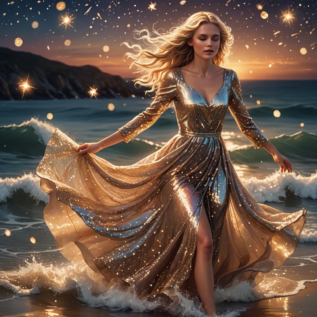Girl in Glittery Dress Runs Across Starlit Sea