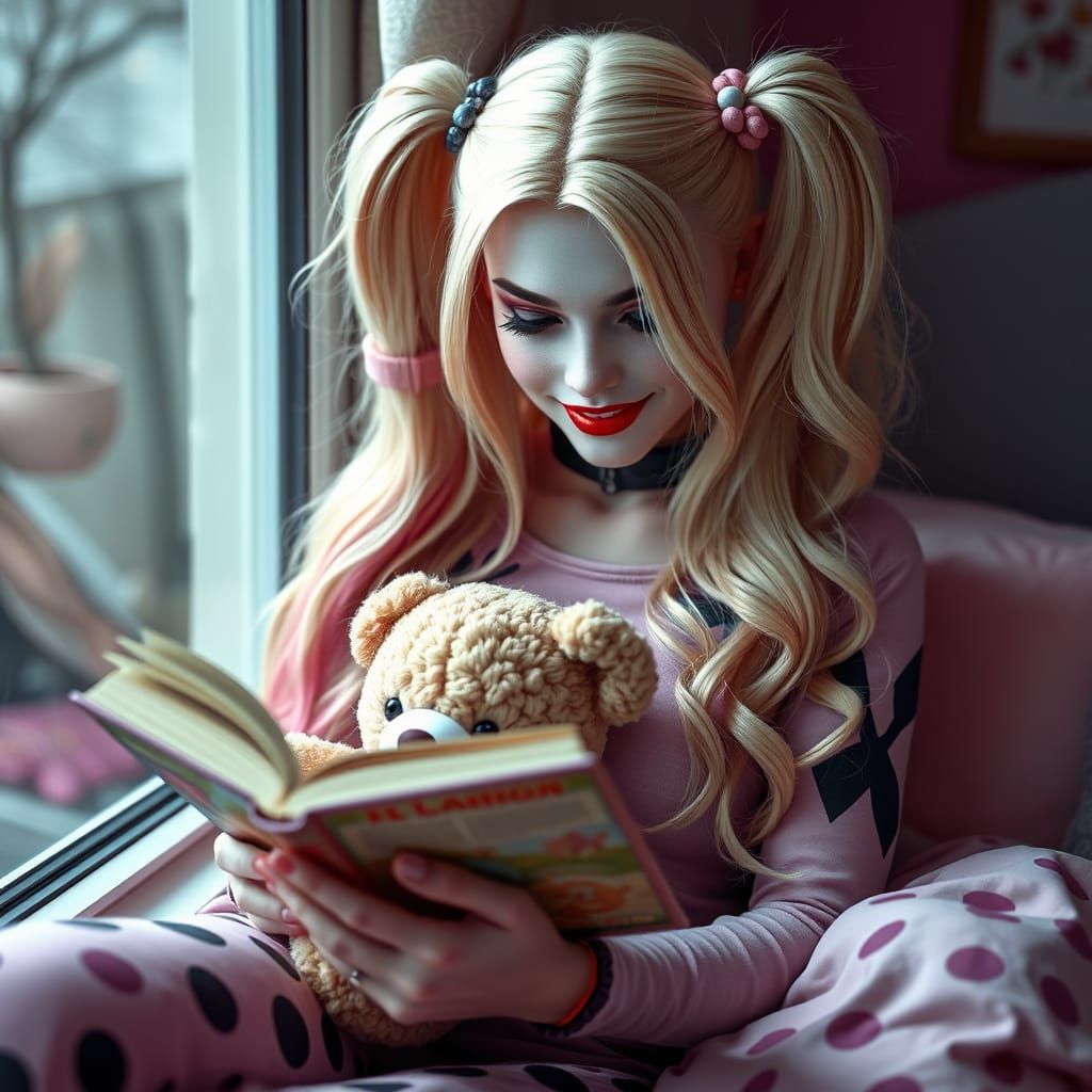 Harley Quinn Reading Book in Lo-Fi Style