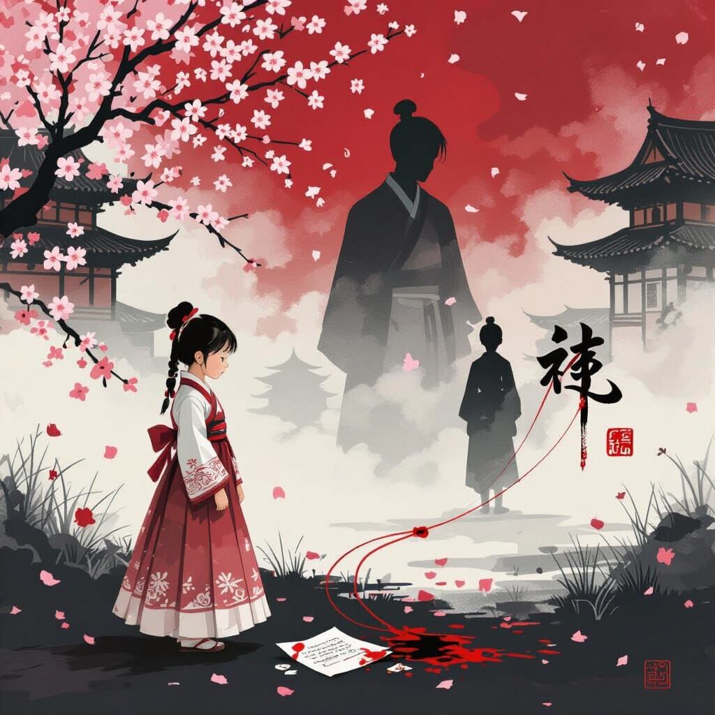 Girl in Hanbok with Red String of Fate