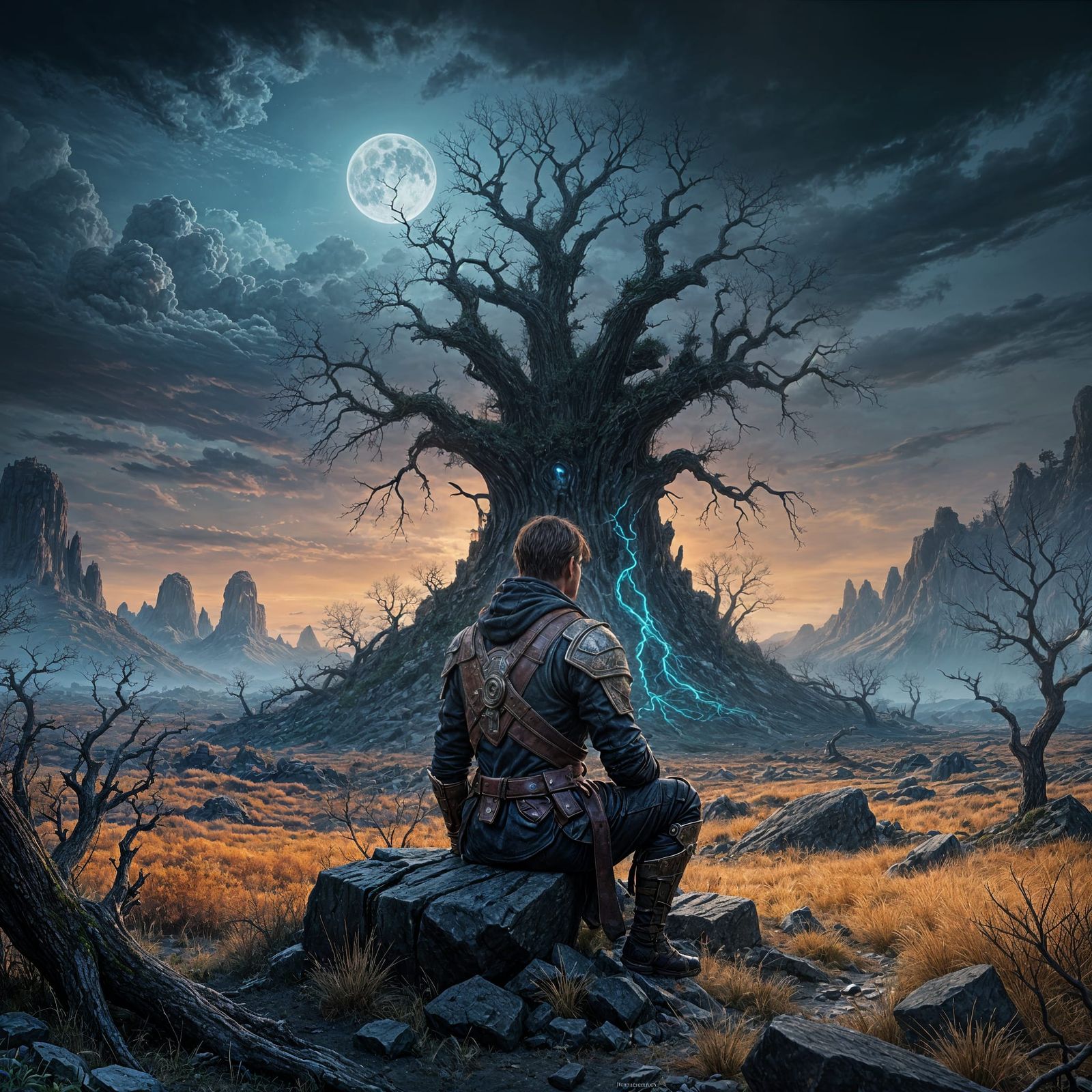 Lonely Figure Sits Among Bare Trees Under a Stormy Sky in a...