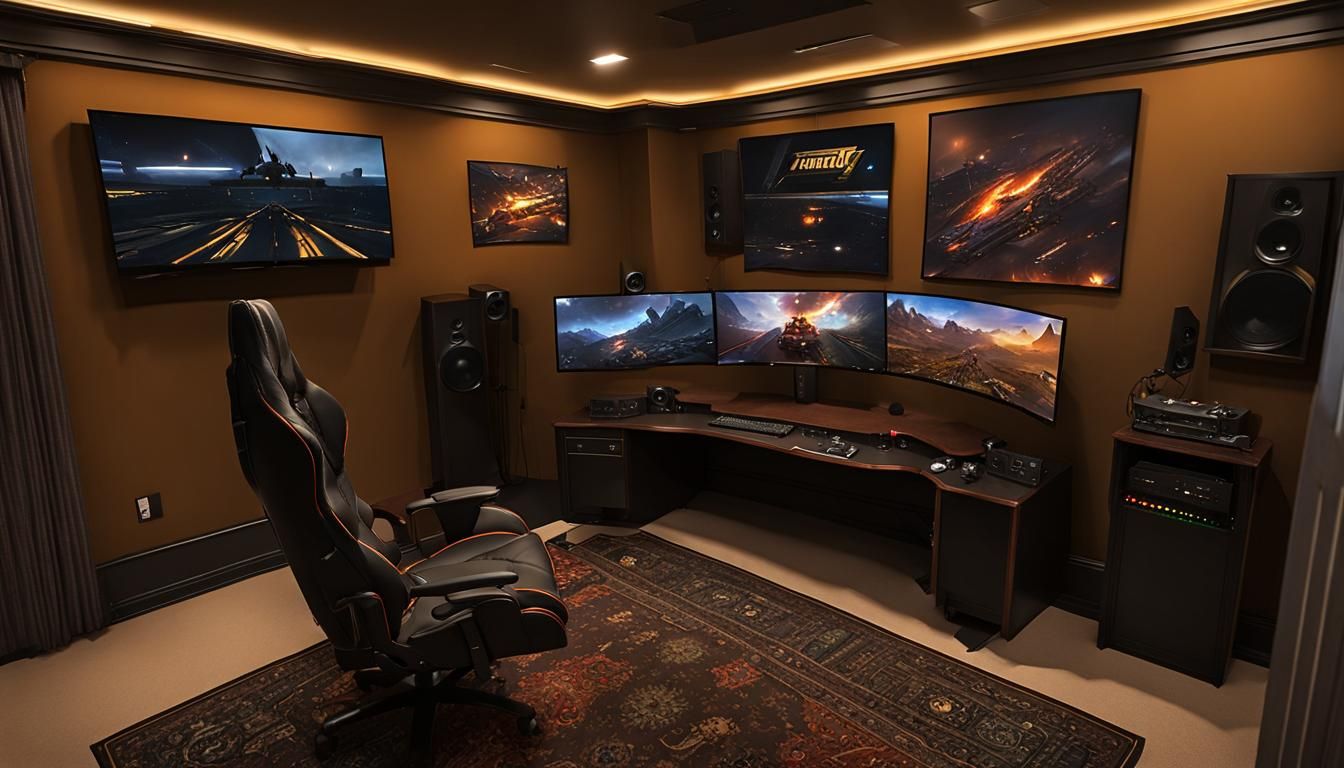 Ultimate personal gaming computer on wooden desk, with side view aircraft pilot's chair