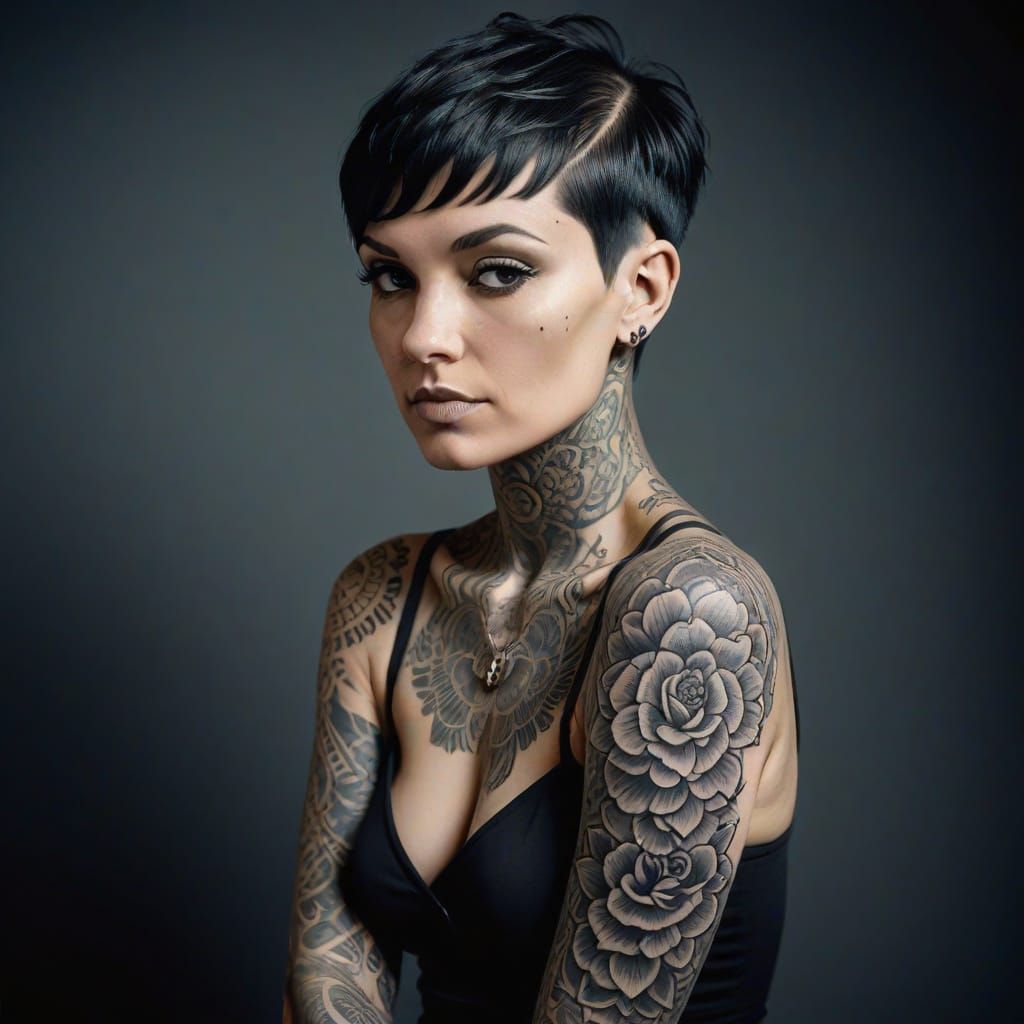 Elegant Tattooed Woman in Monochrome Studio Portrait