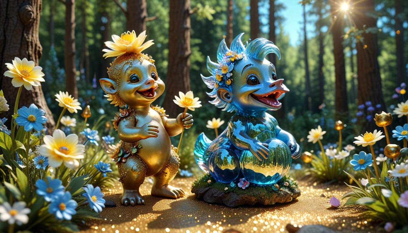Iridescent Troll and Duckling Sculpture in Fantasy Forest