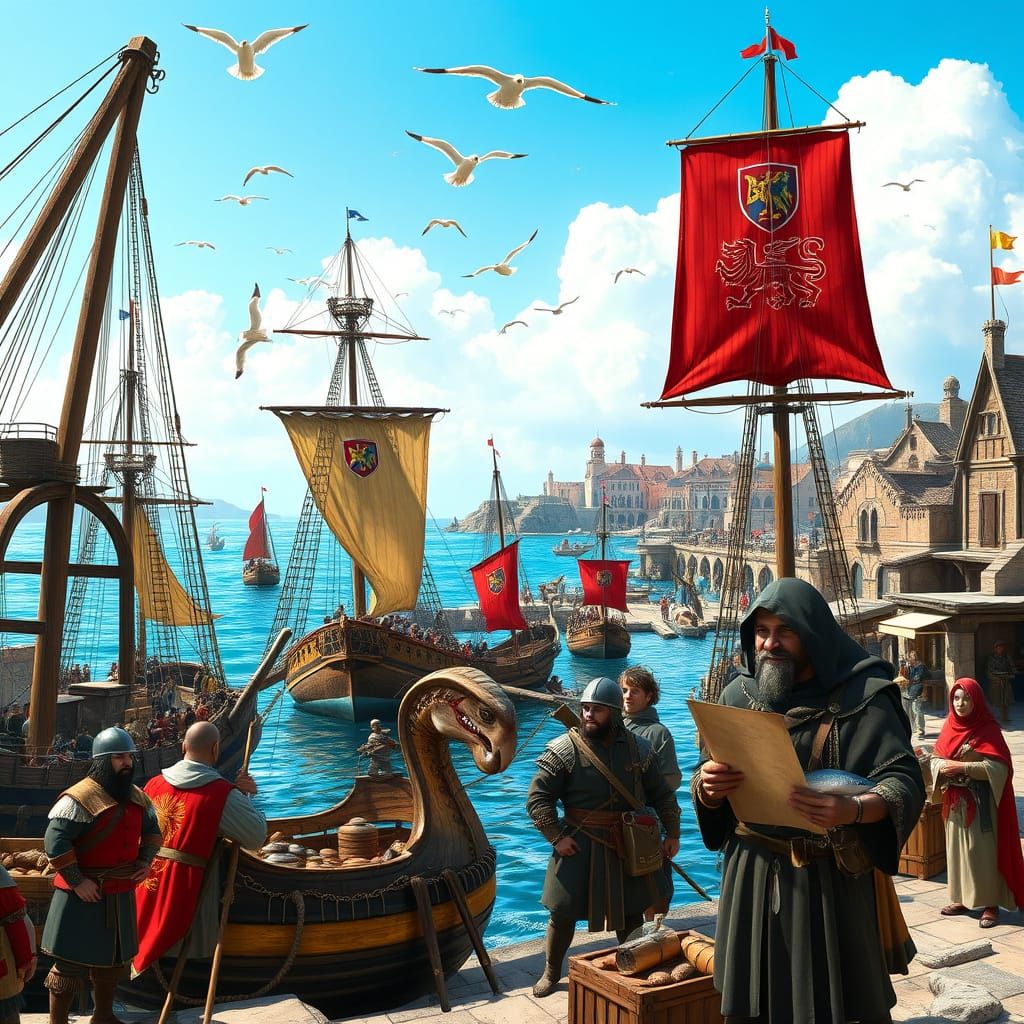 Medieval Maritime Trade Hub in Hyper-Realistic Style