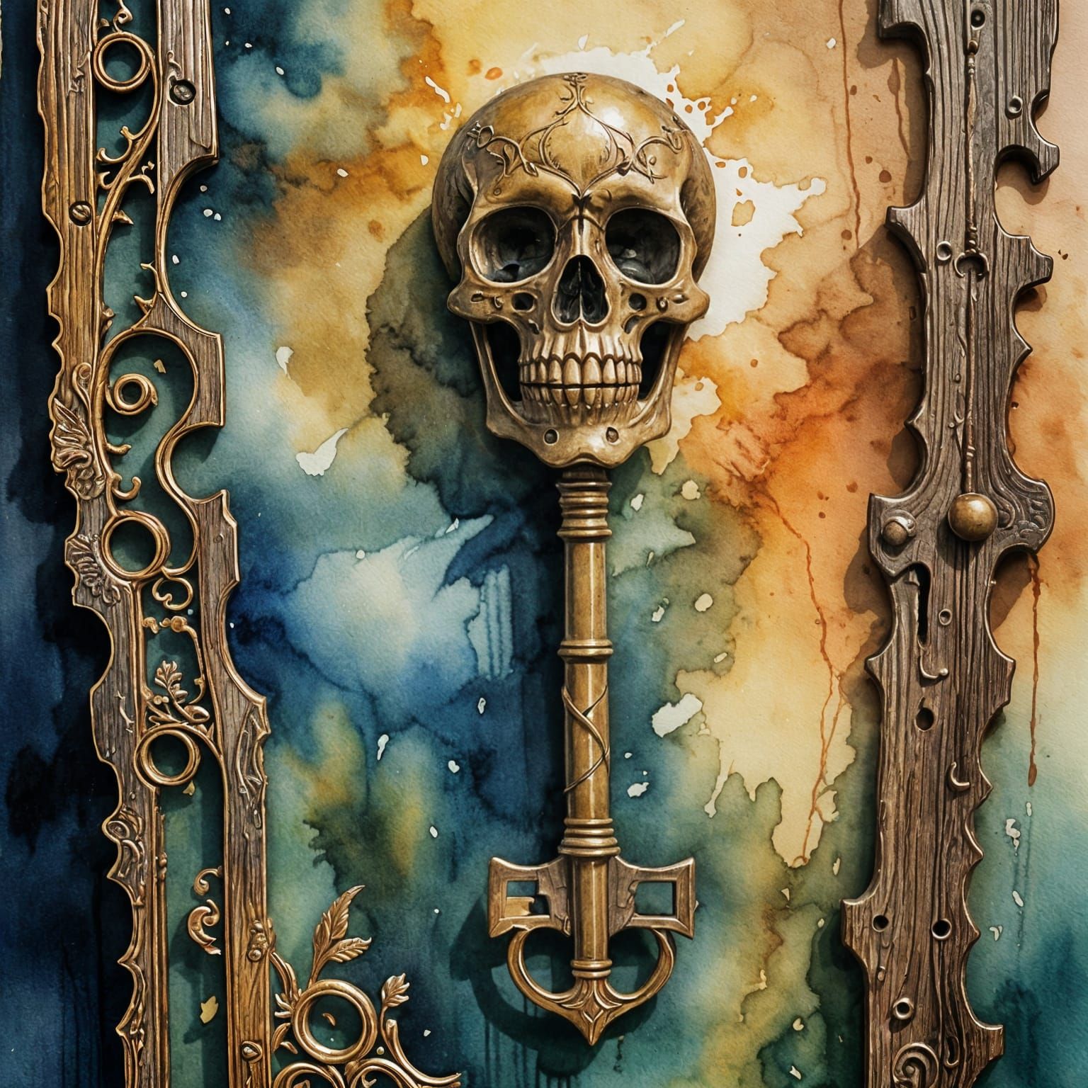 Ethereal Skeleton Key Carving in Modern Watercolor