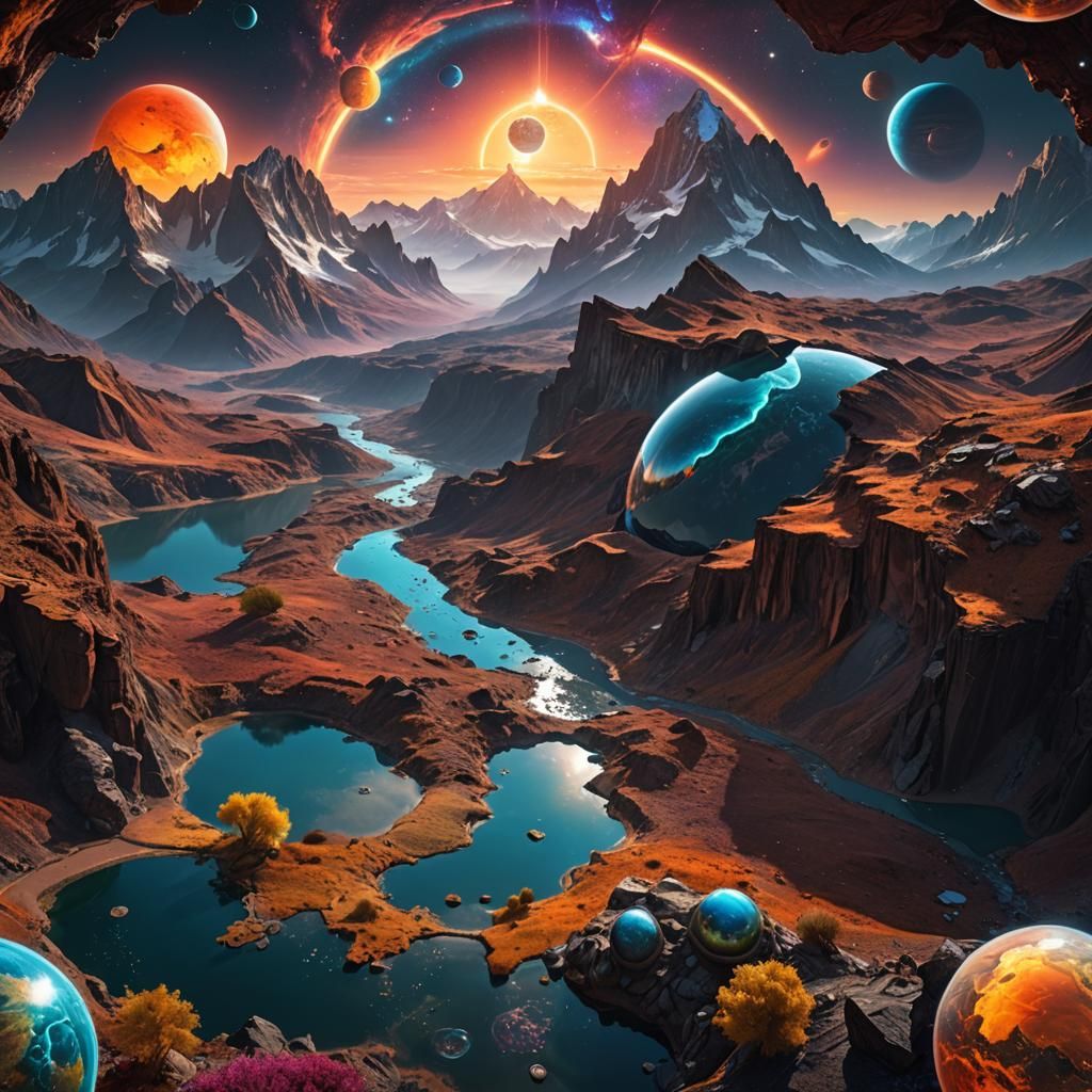 Alien Planetscape with Colorful Celestial Reflections